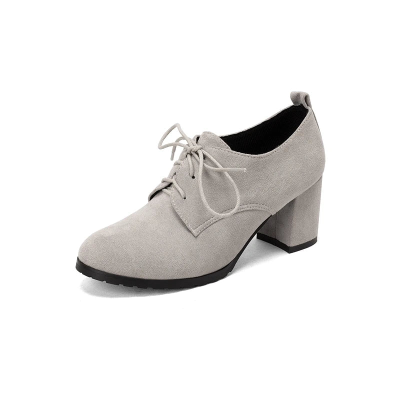 Spring New Retro Pumps Classics Flock Lace Up Office Round Toe Block High Heel Shoes Female Size 3343 Black Brown