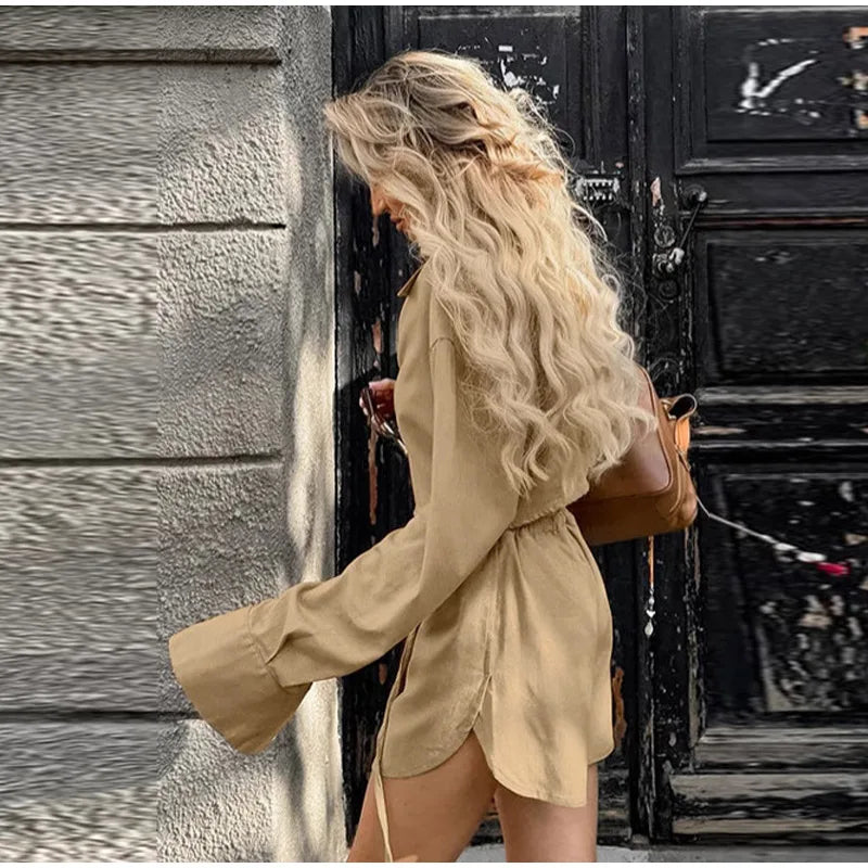 Summer Suit Lapel Single Breasted Full Sleeve Lace Up Waist Shorts Female Suit Oversize Two-piece Set