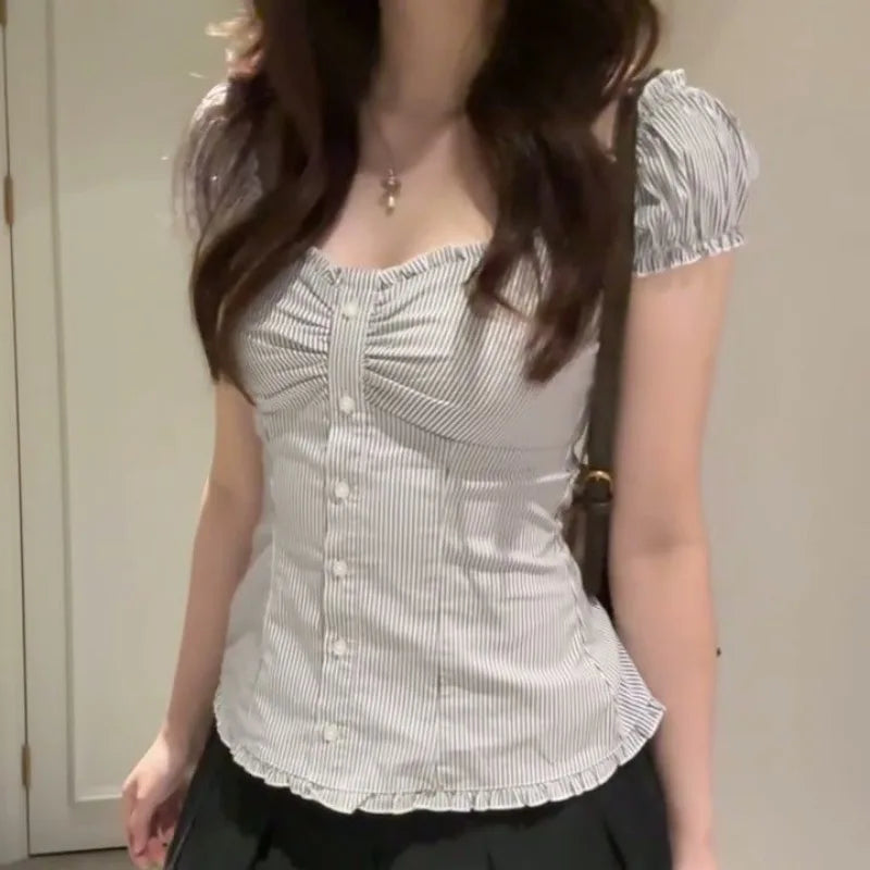 Y2k Stripes Ruffle Blouse