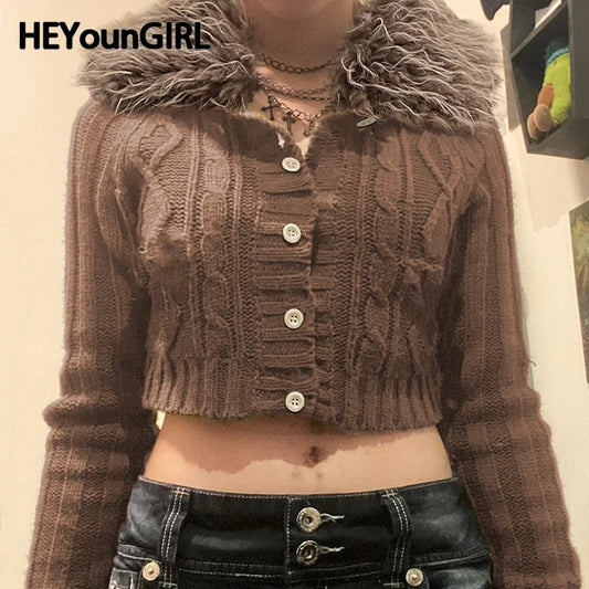 Y2k Brown Buttons Crop Sweater With Detachable Fur Collar Autumn 2000s Knitted Cardigan Slim Winter Outfits