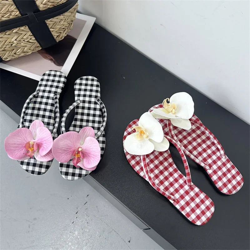 Summer Design Flower Geometric Clip Toe Low Flat Heels Slippers Flip Flops Party Shoes