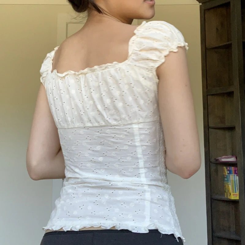 90s French T-shirt Fairy Grunge Kawaii Button Frill V Neck Pullovers Tee Y2k Aesthetic White Crop Top Retro