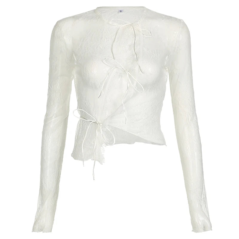 Transparent Lace Thin Coat Long Sleeve Lace-up O Neck Smock Top High Street Cardigan Shirts