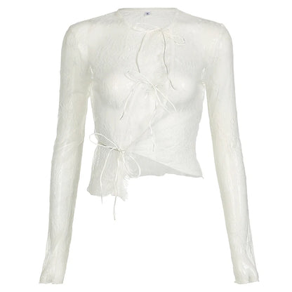 Transparent Lace Thin Coat Long Sleeve Lace-up O Neck Smock Top High Street Cardigan Shirts
