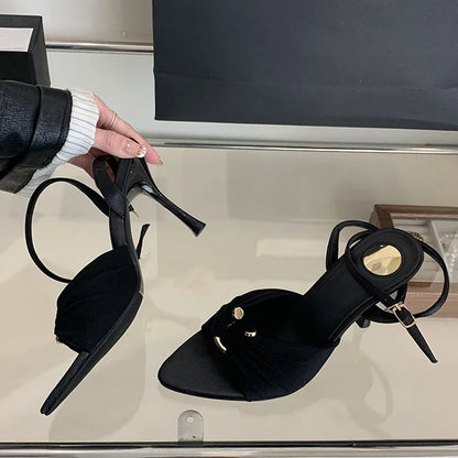 Comfort Hollow Out Metal Buckle Decoration Sandals Satin Ankle Strap Heels Pointed Toe Party Designer Shoes