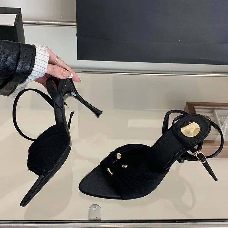Comfort Hollow Out Metal Buckle Decoration Sandals Satin Ankle Strap Heels Pointed Toe Party Designer Shoes