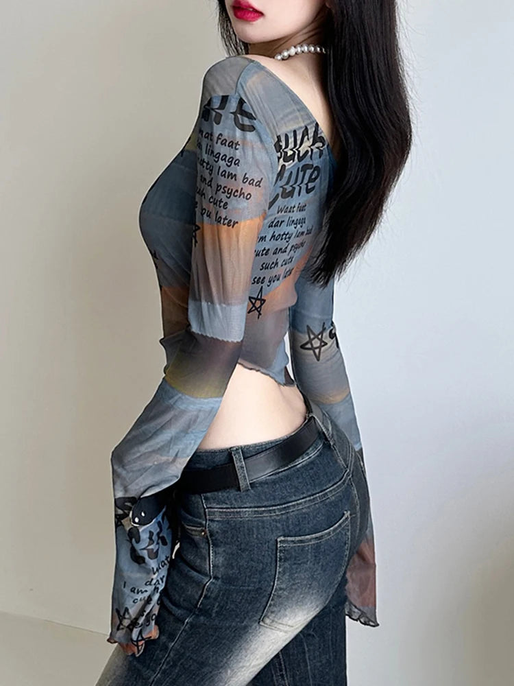 Colour Letter Print Fabric Skew Collar Asymmetric Top Tees Flared Sleeve Design Slim Personality Blouses