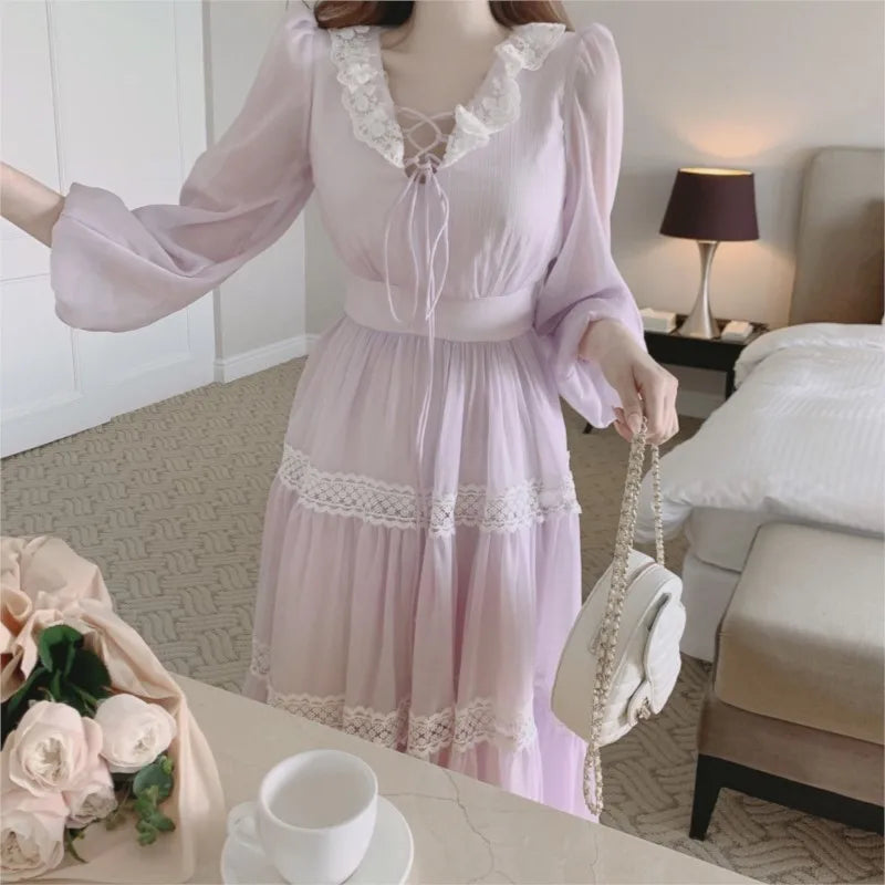 French Fairy Midi Dresses for Lantern Sleeve High Waist V-neck A-line Princess Party Dress Female Vestidos