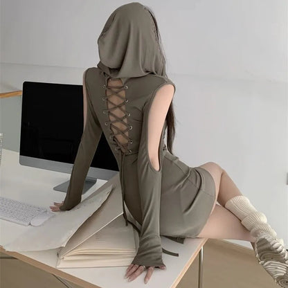 European and American Wasteland Style Hooded Tie Up Dress, Spicy Girl With Waistband and Open Backpack Buttocks Short Skirt