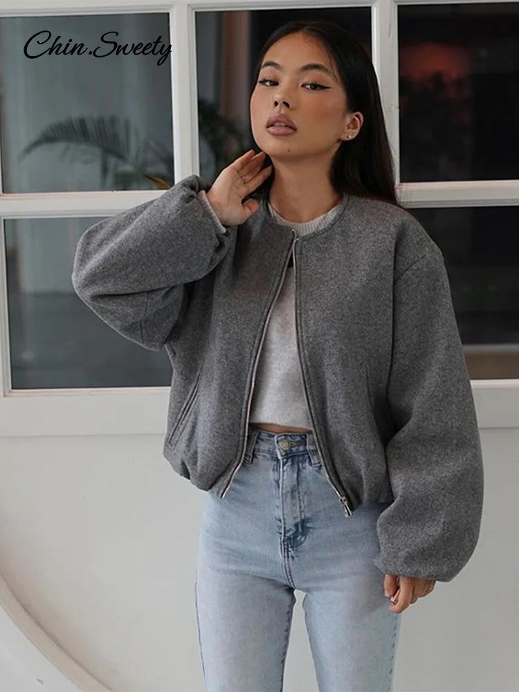 Retro Woolen ’s Bomber Jacket Long Lantern Sleeves Pockets O-neck Loose Female Coat Autumn High Street Outwears