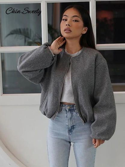 Retro Woolen ’s Bomber Jacket Long Lantern Sleeves Pockets O-neck Loose Female Coat Autumn High Street Outwears