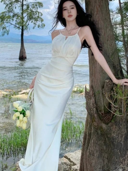 Spring Beige Long Dress New Spaghetti Strap Dresses Female Evening Party Prom Robe Summer Satin Gown Mujer