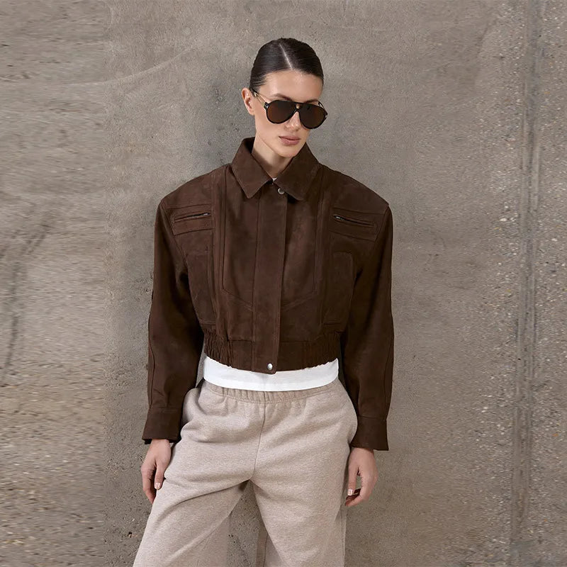 Camel Cropped Suede Jacket Lapel Full Sleeve Pocket Zipper Short Coat New Causal Autumn Lady Daily