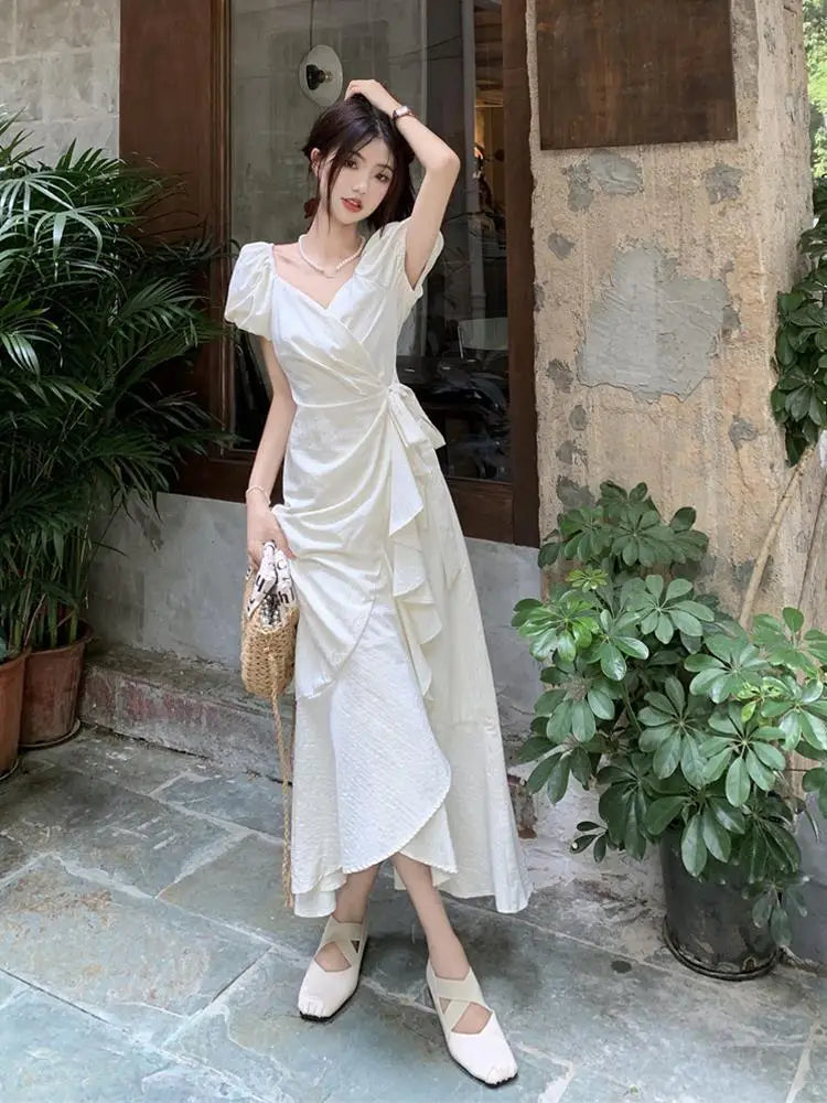 White Vneck Lace Up Short Sleeved Dress Summer New Lotus Leaf Edge Waist Cinching Slim Temperament Long Dresses