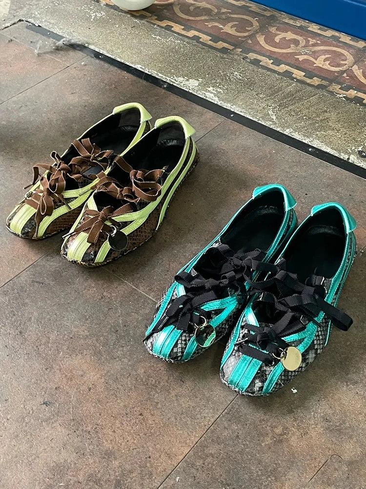 Spring Lolita Square Toe Purple Flat Ballet Shoes New Straps Bow Color Matching Mary Jane Shoes