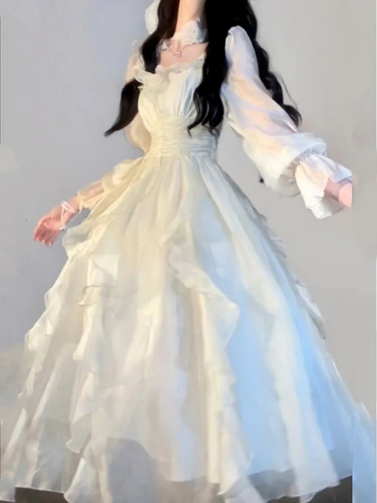 Ruffles Fairy Dresses Korean Slim Wasit a Line Midi Dress Spring Summer Princess Party Vestidos