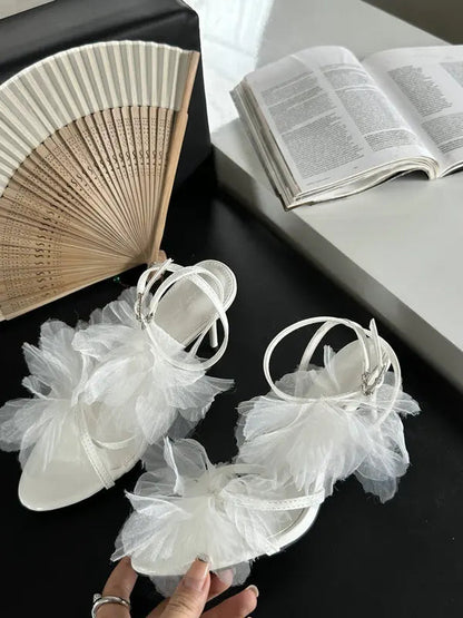 Mesh Flower Sandals Stiletto Heels Open Toe Ankle Straps Summer Hollow Dress Party Daily Shoes