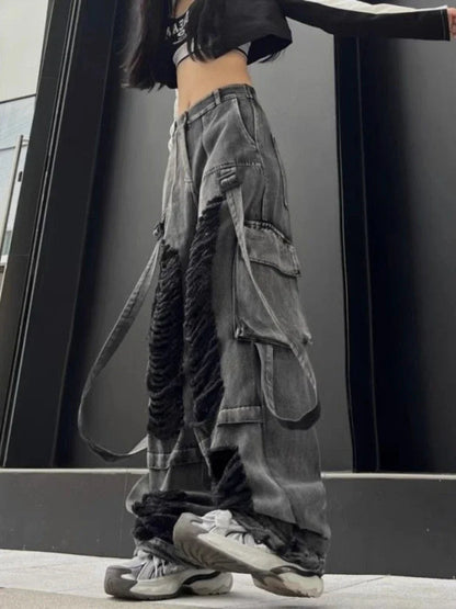 Black Ripped Jeans for Hip Hop Y2k Baggy Hole Do Old Wide Leg Cargo Denim Pants Bottoms
