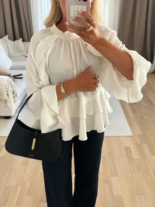 Long Puff Sleeve Chiffon Ruffled Blouse