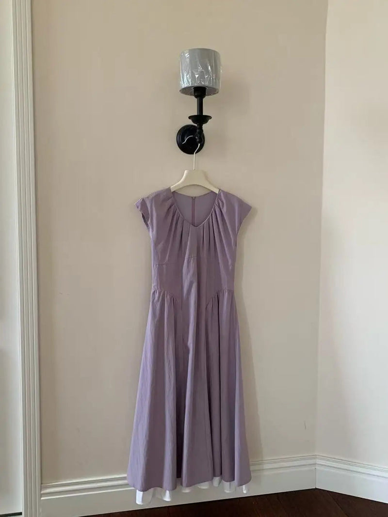 French Retro Patchwork Contrasting Short Sleeved Dress Summer New Design Slimming Waist Long Dresses