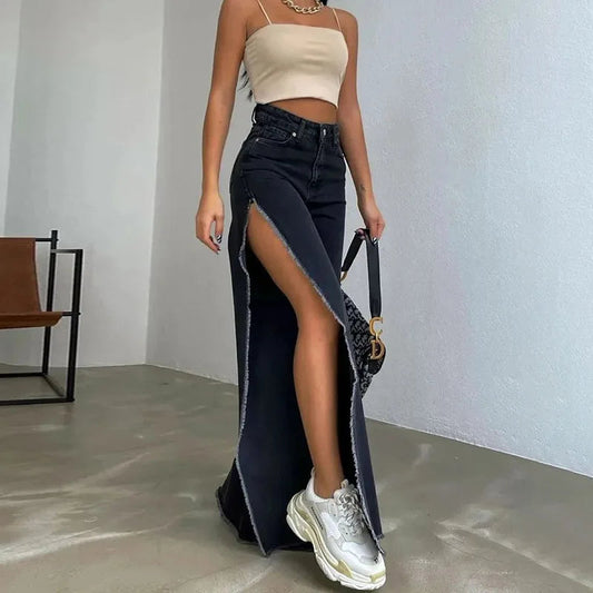 Split Straight Jeans Long Pant Fur Denim Trouser Female Street Clothing Summer New Jeans