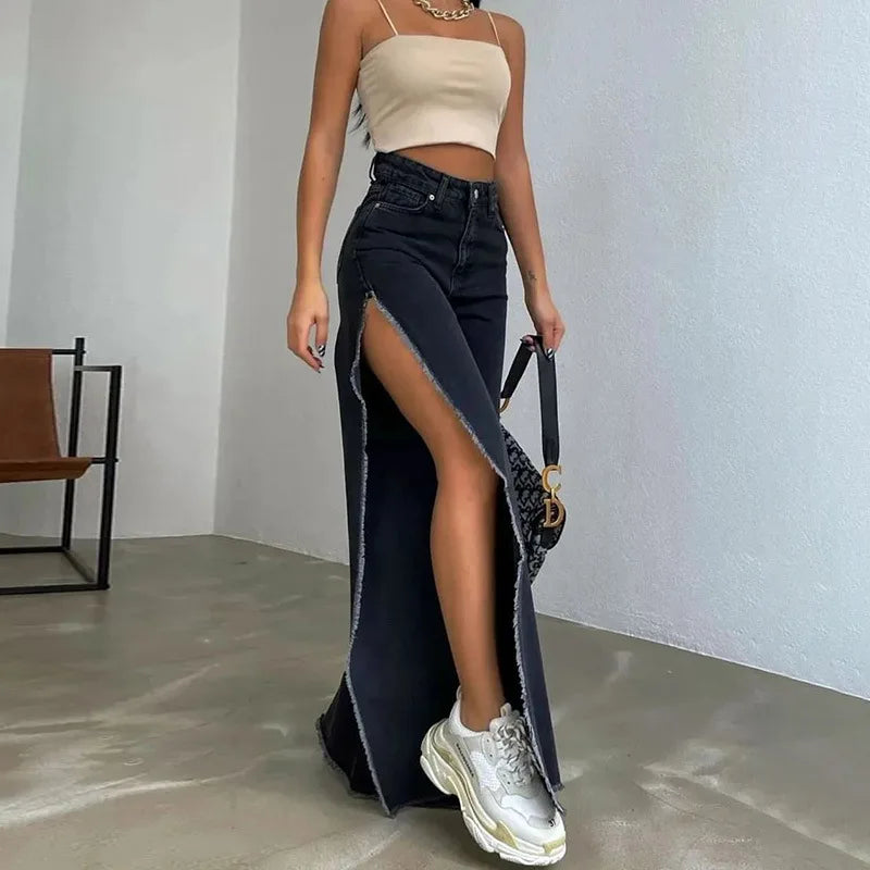 Split Straight Jeans Long Pant Fur Denim Trouser Female Street Clothing Summer New Jeans