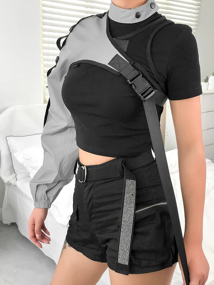 Reflective Crop Top Harajuku Punk Long Sleeve T-shirt Irregular Cargo Top One Shoulder T Shirt Street