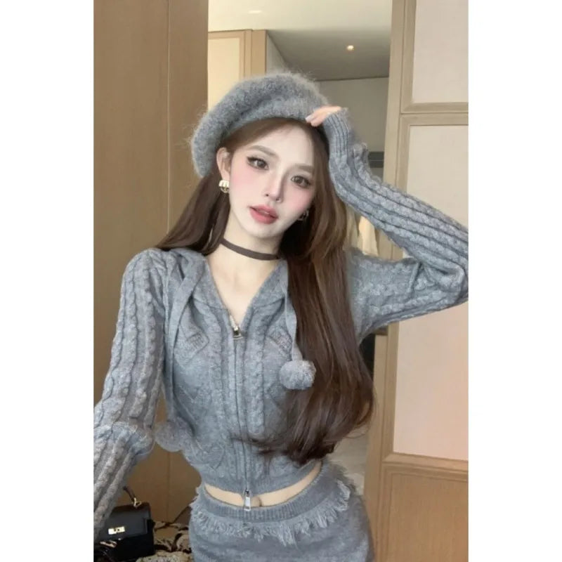 Sweet Hot Girl Suit Autumn Color Zipper Longsleeved Hooded Sweater High Waisted Long Skirt Twopiece Set