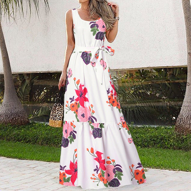 Summer Flower Print Sleeveless Long Dresses Vacation Style Dress O Neck High Waist Leace-up Maxi Vestidos