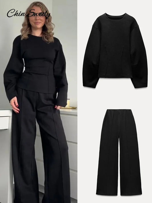 ’s 2-piece Pants Sets Long Sleeve O-neck Sweatshirts Wide Leg Pleated Trousers Autumn Lady Lazy Tracksuit