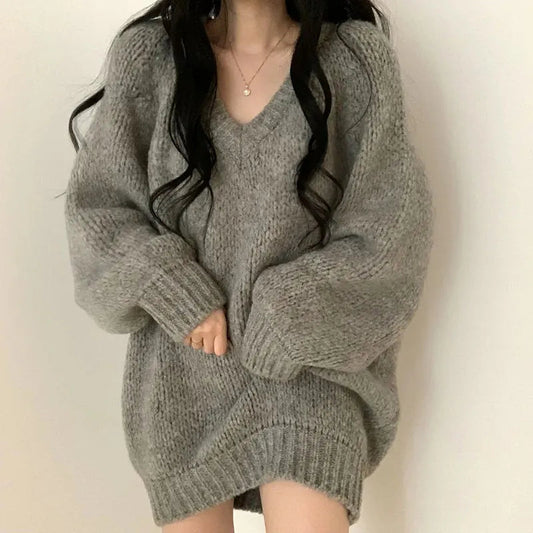 Autumn Winter Knitted Sweaters Korean Oversized Simple V Neck Pullover Harajuku Puff Sleeves Jumpers Fc8557