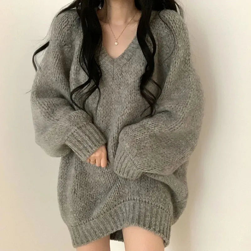 Autumn Winter Knitted Sweaters Korean Oversized Simple V Neck Pullover Harajuku Puff Sleeves Jumpers Fc8557
