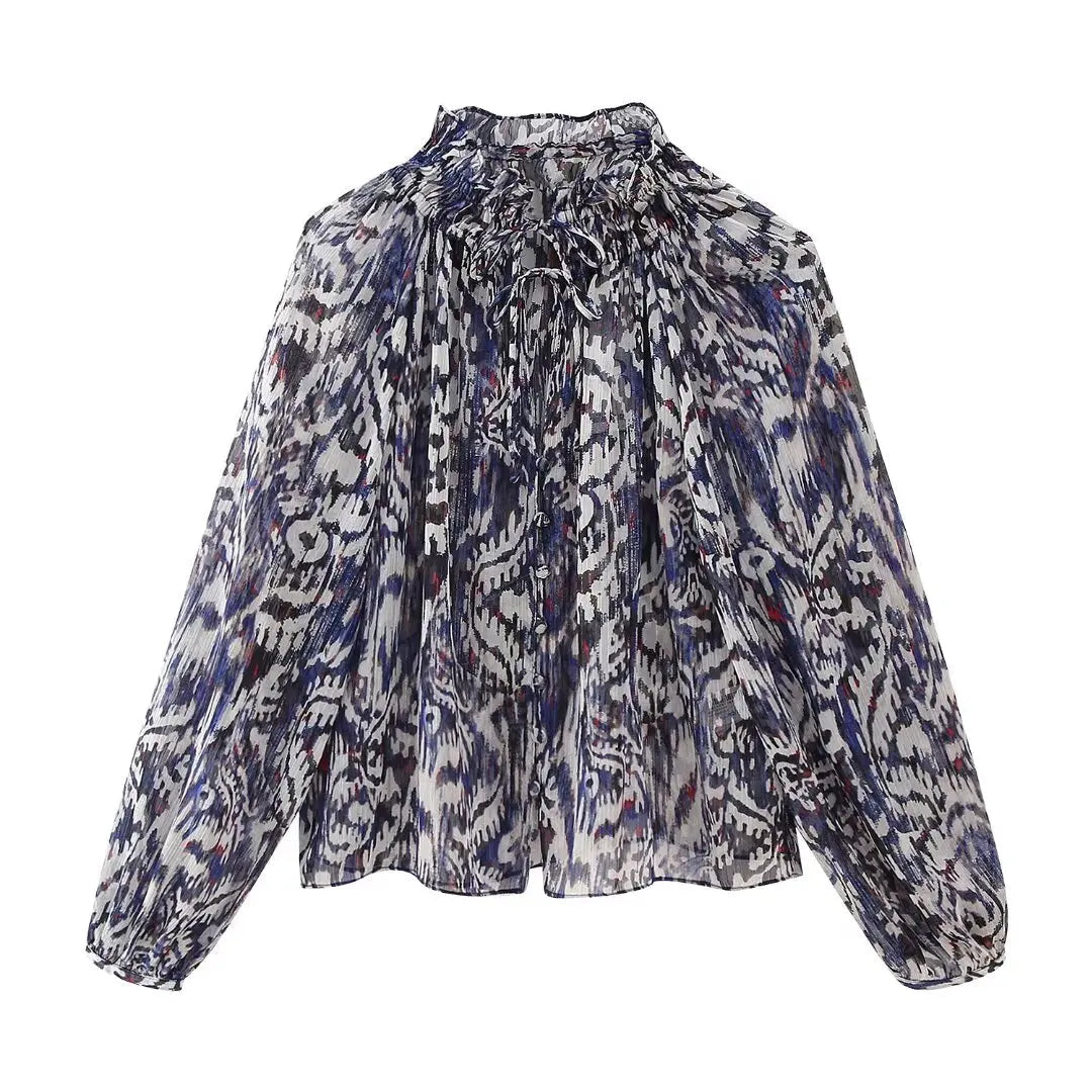 Chiffon 2 Piece Set Long Sleeves Printed Flowy Loose Blouse Top Woman Ruffle Aline Mini Skirt