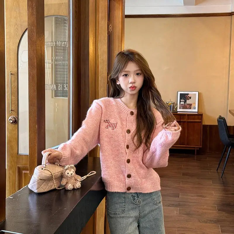 Korean Print O Neck Long Sleeve Cardigan Sweater Autumn Winter Retro Single Breasted Knitwear Tops Popular