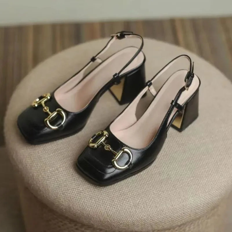 Mary Jane Shoes 4143 French Square Headed Thick Heels High Heels Single Shoes Baotou Letter Sandals