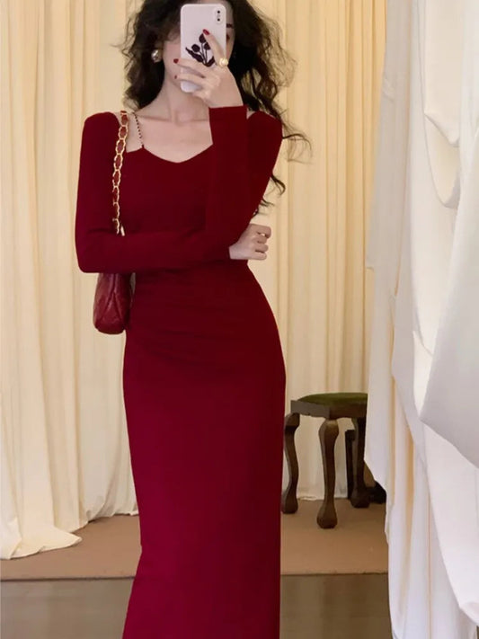 Chain Square Neck Long Sleeves Midi Dresses Spring New French Bodycon Evening Party Female Clothing
