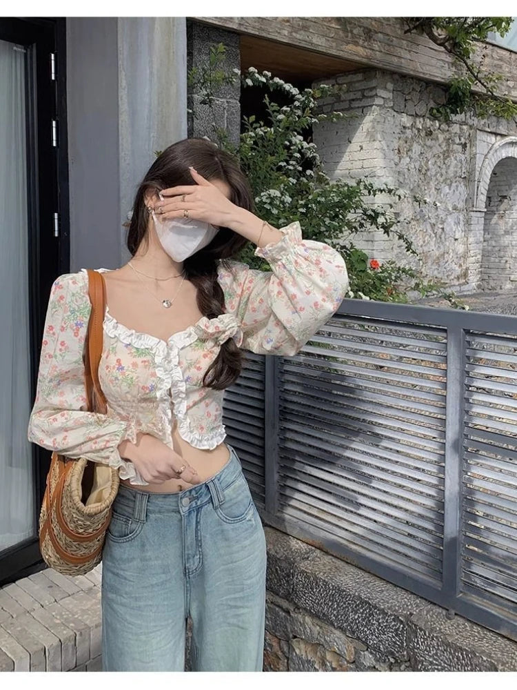 Blouse Printed Ruffles Square Collar Sweet Long Sleeve Crop Tops French Style Spring Tops