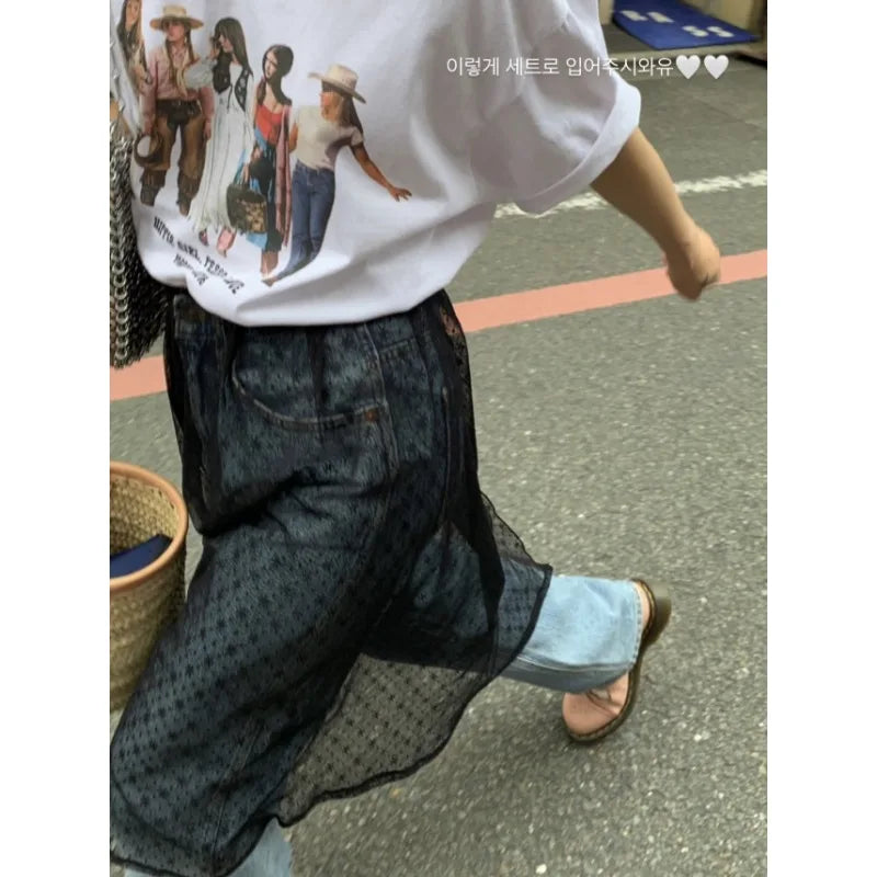 Korean Retro Lace Splicing Seethrough Aline Skirt Spring New High Waist Laceup Color Kneelength Skirt