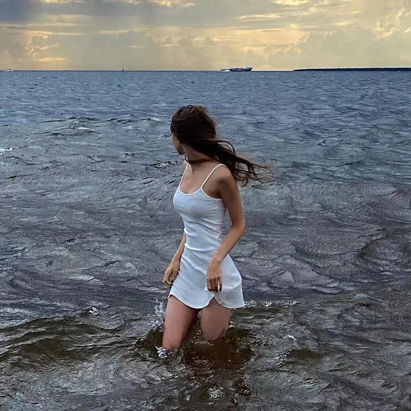 Basic Dress for White Spaghetti Strap Sleeveless a Line Mini Dresses Y2k Clothes 2000s Aesthetic Dress Beach Wear