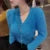 Cropped Mohair Knitted Cardigan V Neck Sweater Coat Korean Black White Knitwear Slim Jumpers New