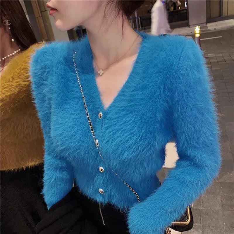 Cropped Mohair Knitted Cardigan V Neck Sweater Coat Korean Black White Knitwear Slim Jumpers New