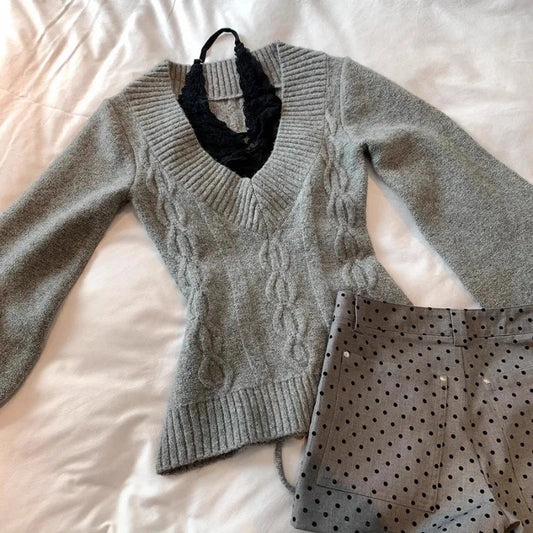 Vneck Gray Allmatch Knitted Pullover Autumn New Bottoming Tops Y2k Slimfit Long Sleeve Sweaters Mujer