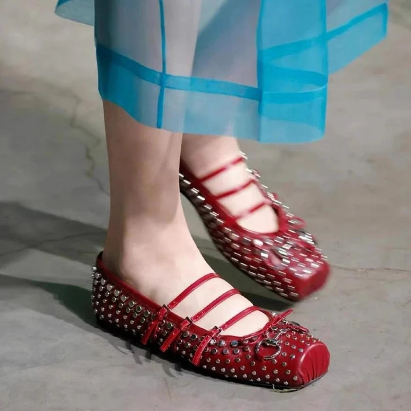 Rivet Ballet Burgundy Mary Jane Flat Shoes Summer New Bow Square Head Comfortable Shoes