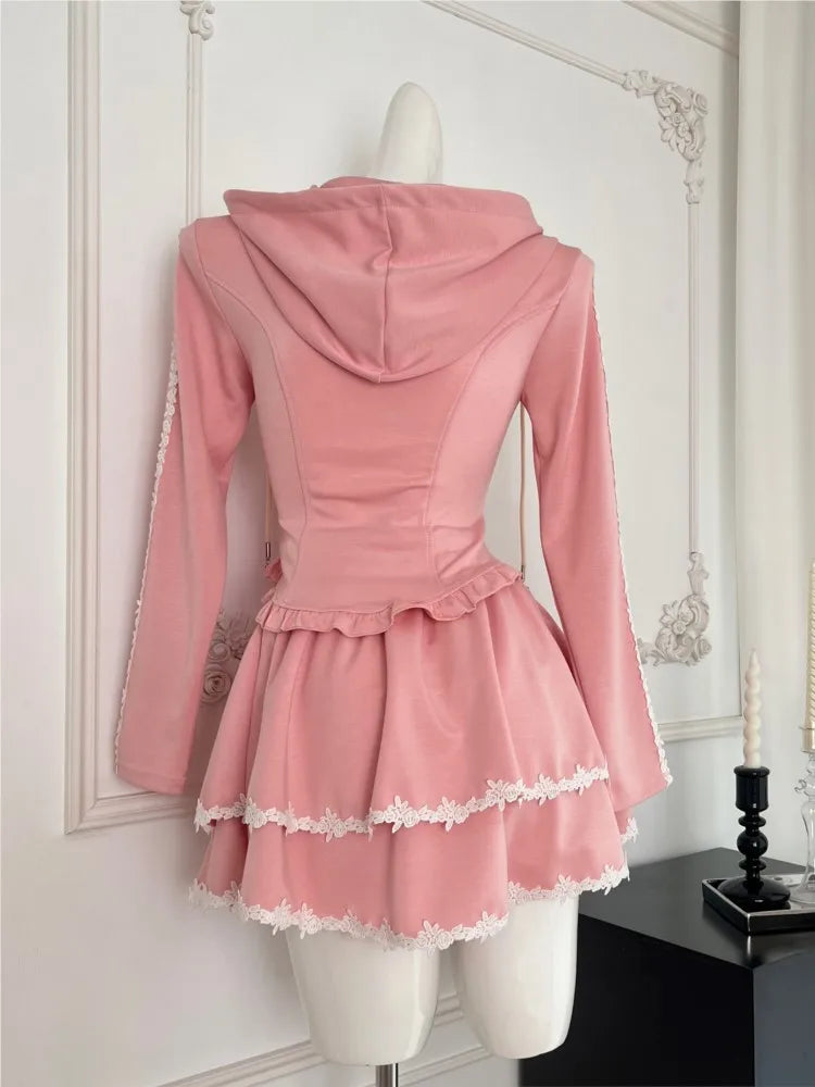 Y2k 2 Piece Set Tracksuit Hooded Zip Up Slim Coat Lace Patchwork Ruffles Mini Skirt Autumn Korean Outfits