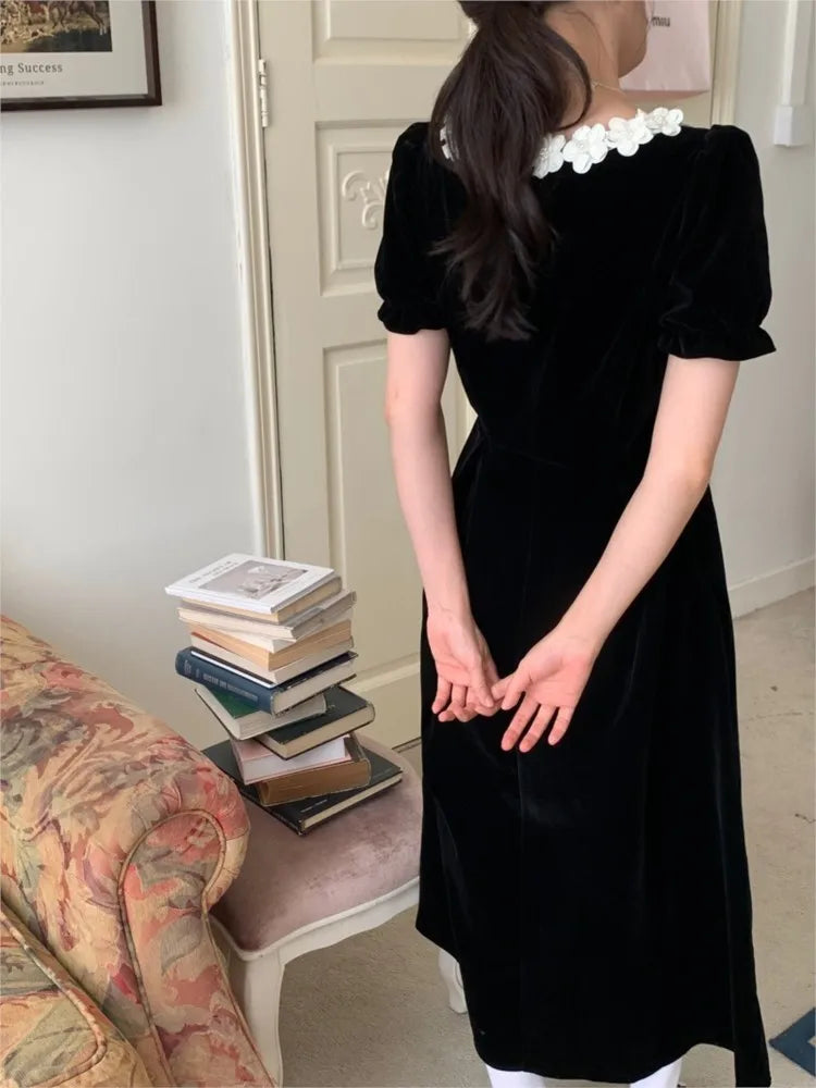 Autumn French Black Velvet Midi Dresses for Puff Sleeves Square Collar A-line Korean Vestido Mujer New