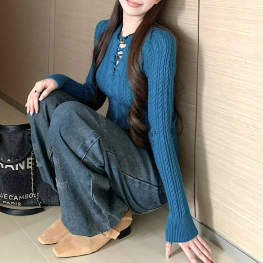 Hollow Color Longsleeved Sweater Autumn New Oneck Laceup Slim Allmatch Knitted Tops