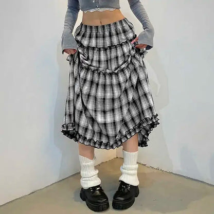 Contrast Color Plaid Aline Skirt Autumn New Korean Pleated Loose All Match Midlength Skirt