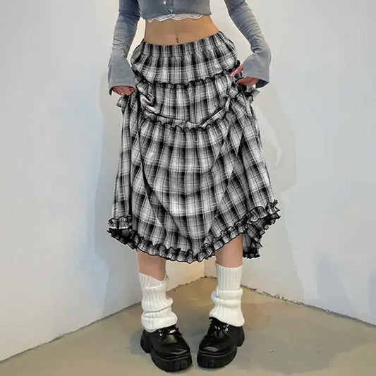 Contrast Color Plaid Aline Skirt Autumn New Korean Pleated Loose All Match Midlength Skirt
