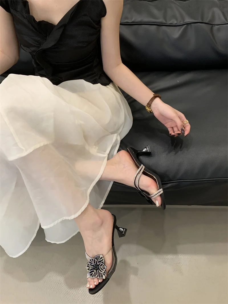 Outdoor Party Crystal Flower Slipper Transparent Sandal Rhinestone Low Heels Mules Slide Shoes Zapatos Mujer