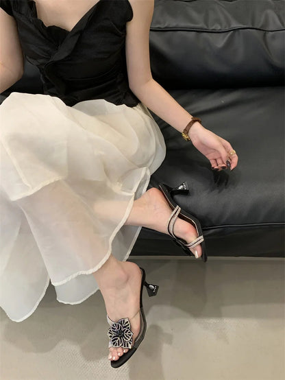 Outdoor Party Crystal Flower Slipper Transparent Sandal Rhinestone Low Heels Mules Slide Shoes Zapatos Mujer